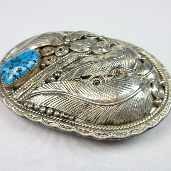VTG  Signed Navajo Silver Turquoise Belt Buckle - Picture 8 of 10